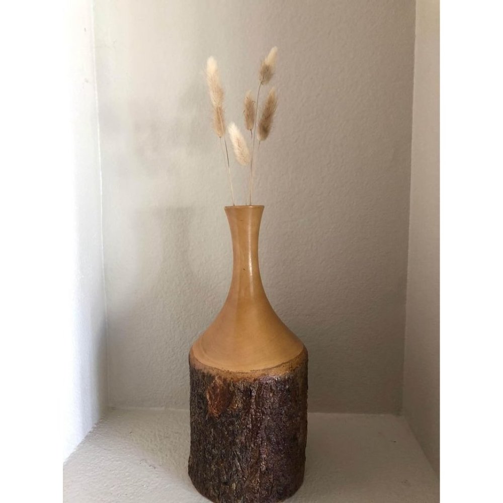 Vintage Wood Hand Turned Vase Natural Bark 70s 14"